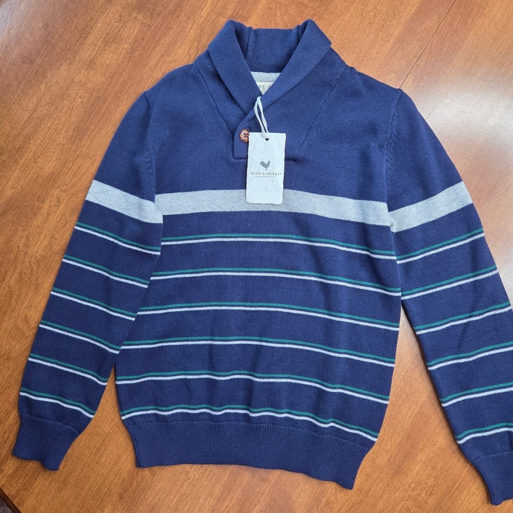 Hope & Henry Boys Sweater S‎ Blue Striped Shawl Collar Organic Cotton Preppy NWT